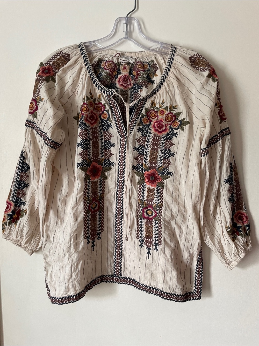 Johnny Was Cream Embroidered Peasant Blouse with Pink & Green Floral Detail